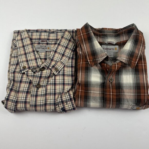 Carhartt Relaxed Fit Button Up Shirt Men’s L Plaid Short Sleeve  Cotton Lot Of 2 - Picture 1 of 12